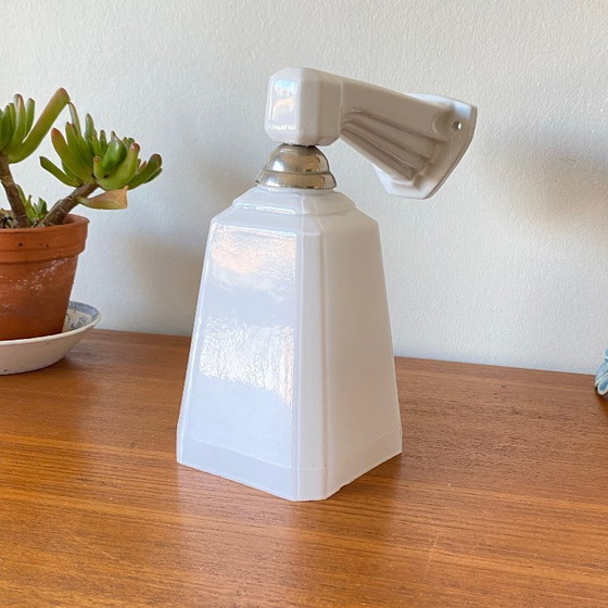 Image 1 of Art Deco ceramic wall sconce with swan neck and opaline glass