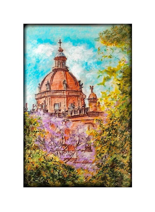 Original pastel drawing of Jerez Cathedral. Drawing. Painting of Jerez. Picture of Jerez. Drawing of Jerez Cathedral.