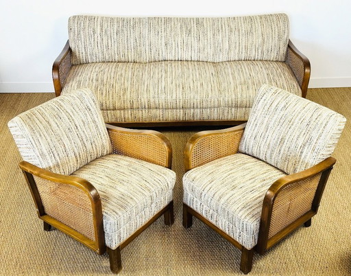 Vintage Art Deco woonkamerset van gebogen hout en riet, 1950, set van 3