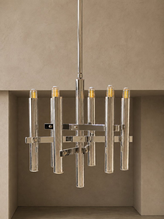 Image 1 of Gaetano Sciolari Mid-Century Modern Chrome Chandelier