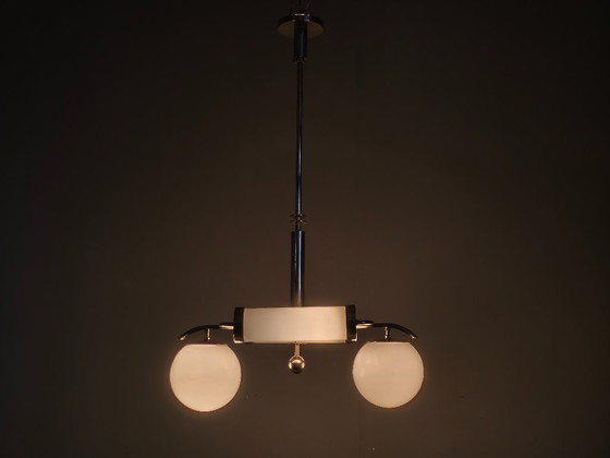 Image 1 of Exceptional Bauhaus Chrome Chandelier with Glass Shades, 1930s