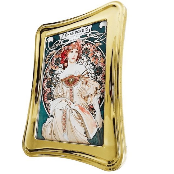 Image 1 of Dipinto vintage Art Nouveau di Alphonse Mucha Cornice in ottone Champenois degli anni '60