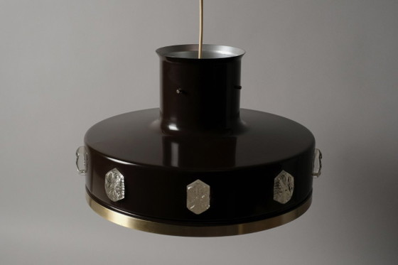Suspension Vitrika, marron et laiton avec médaillons incrustés, éclairage danois moderne des années 1960. (photo 6 of 12)