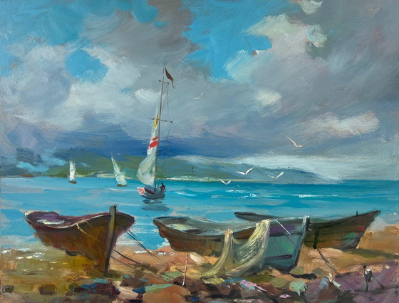Image 1 of Peinture à l'huile originale Paysage côtier d'été Vagues de la mer et cris de mouettes