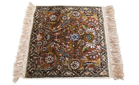 Image 1 of Handgeknoopt oriental zijde Kashmir tapijt mini square Birds 39x39cm