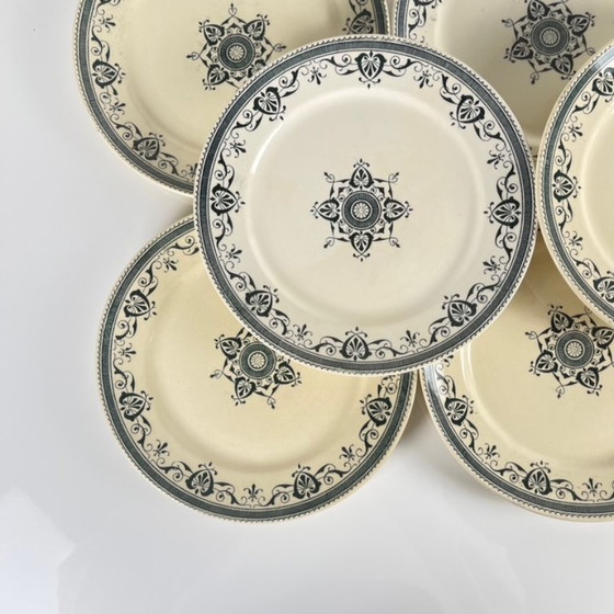 Image 1 of Set van 8 "Admiral" dessertborden van ijzersteen, Creil & Montereau, groenblauw, eind 19e eeuw