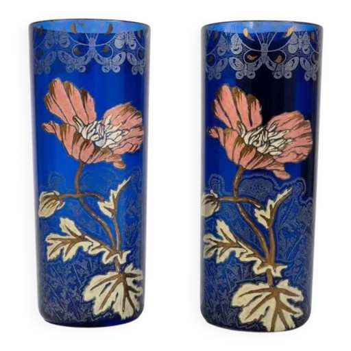 Pair of Art Nouveau Legras roll vases – poppy decoration – France, circa