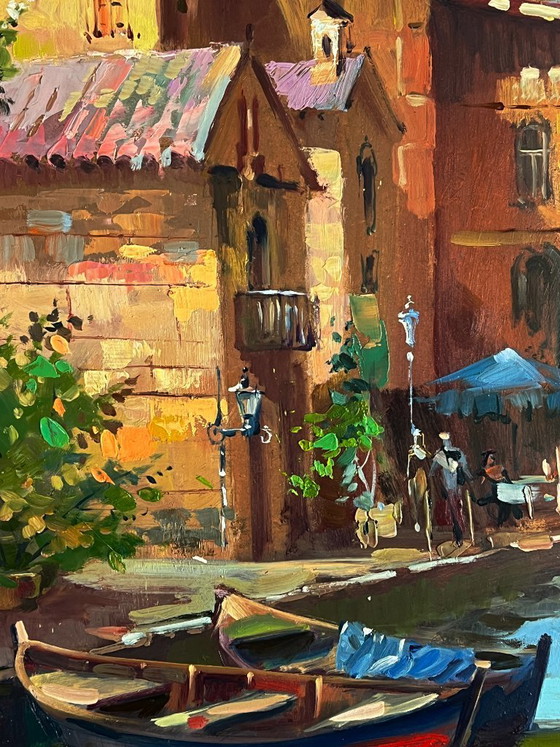 Image 1 of Peinture à l'huile originale représentant un paysage urbain et une architecture. Une promenade dans les rues de Venise.