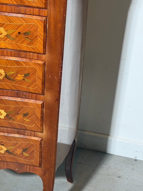 Commode haute de style Louis XV, marqueterie française, avec plateau en marbre – Wood (photo 5 of 6)