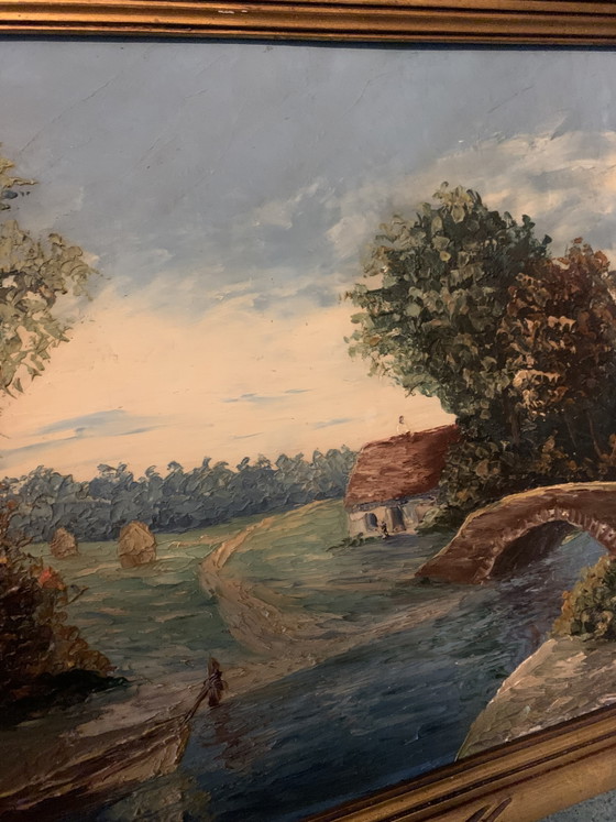 Old French School Oil Painting – River Landscape – Signed – Art Deco Frame 60 x 51 cm – Paintings & Drawings (photo 6 of 14)