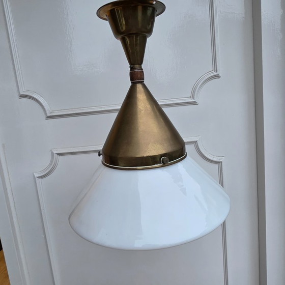 Image 1 of Brass, Opaline Glass Pendant Light 1920's