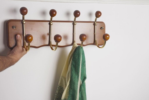 MCM Portemanteau en Bois Crochets Doubles en Laiton Mid Century Vintage Patère Murale Organisateur d'Entrée – kapstokken