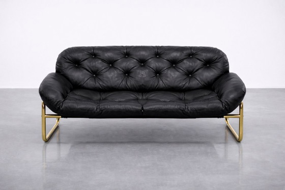 Image 1 of Vintage Mid-Century Scandinavian Modern Glamour Leather Black & Gold Sofa by John-Bertil Häggström for Swed-Form, 1970s