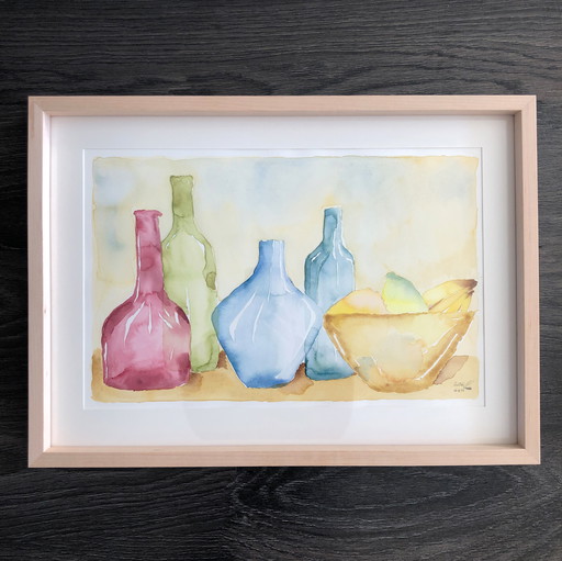 Aquarelle aux bouteilles et aux fruits