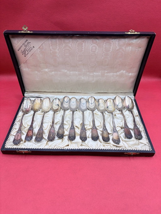 Lot de 12x Cuillères Antiques en Argent 14,2cm - 21,8gr p/pièce - Monogramme - Dans Boîte Anvers - Set Complet