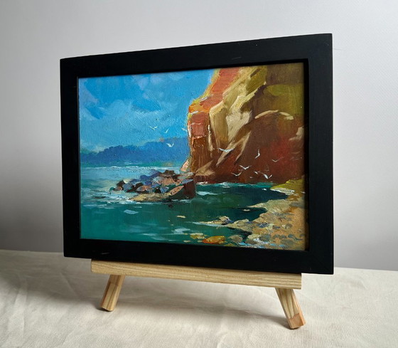Image 1 of Peinture à l'huile originale représentant un paysage côtier rocheux. Bord de mer rocheux.