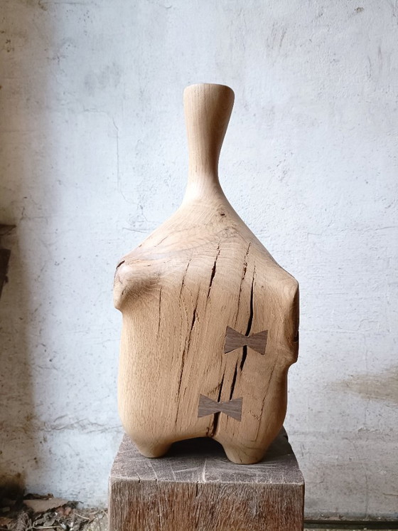 Image 1 of Large Vase/Bottle in Carved Solid Oak