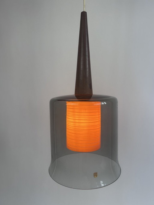 uspension vintage Philips orange & smoked glass - wood, Netherlands