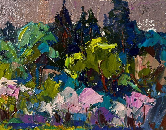 Image 1 of Original Oil Painting Evening Forest Landscape Breath of spring in green groves