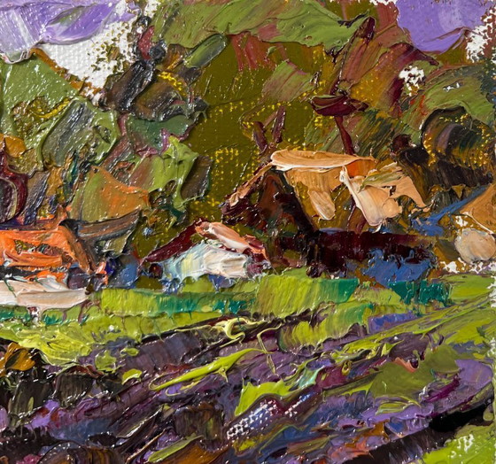 Image 1 of Original Oil Painting Summer Road Landscape Morning in the village