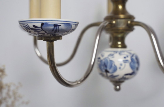 Image 1 of Antique Delft Blue Porcelain Chandelier Dutch Ceramic Ceiling Light Blue White Farmhouse Cottagecore Lighting