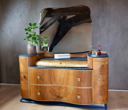 Gerestaureerde Art Deco kaptafel van walnotenhout met spiegel