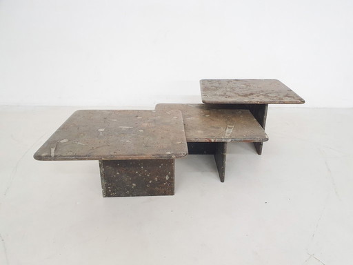 Set of three fossil stone coffee tables, 1970's