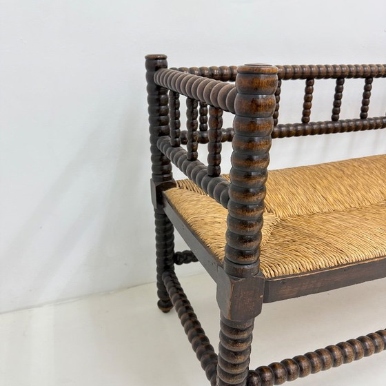 Wooden bench with bobbin legs and rush seat, Benches, Other, Brown, Vintage (photo 10 of 13)