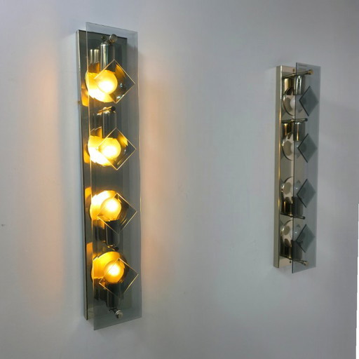 Set aus 2 Sische Wandlampen, Rauchglas/Chrom, 70er Jahre