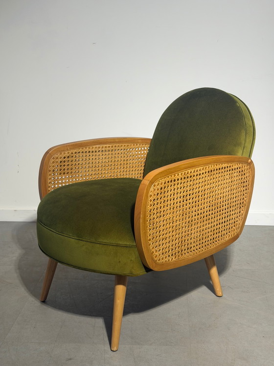 Loungestoel van riet en olijfgroen fluweel – Fauteuils (photo 3 of 4)