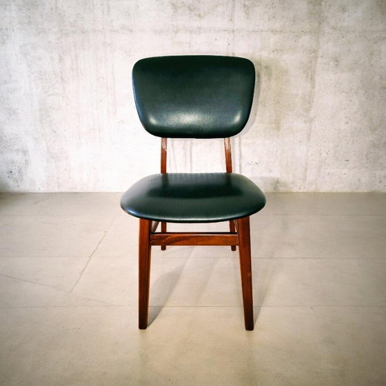 Image 1 of 4 x vintage teakhouten eetkamerstoelen met echt leren (zwarte) bekleding