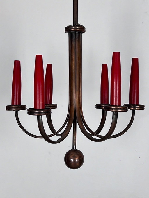 Lustre moderne du milieu du XXe siècle en cuivre, à six bras, de style Gio Ponti. Italie, années 1950.