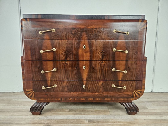 Image 1 of Art Deco commode in mahonie en roze esdoorn met spiegelblad.