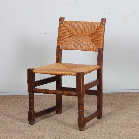 Image 1 of Set of 6 straw-seated wooden chairs, French work, 1950