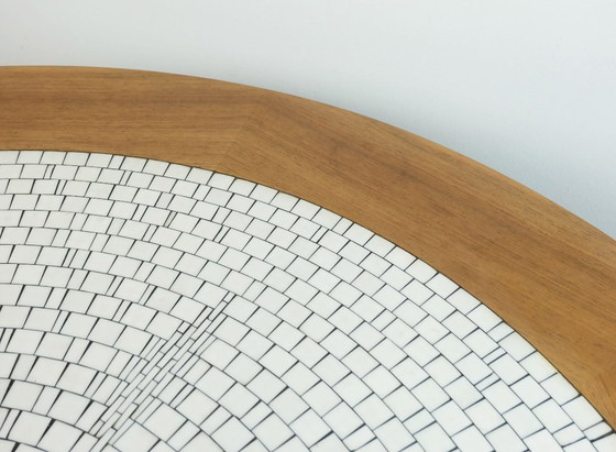 Image 1 of large round 60s mosaic tile top coffee table white mosaic walnut frame chrome base