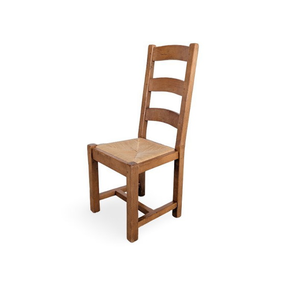 Image 1 of Ensemble de 4 chaises en chêne, style campagne française, années 1950, tressage en jonc