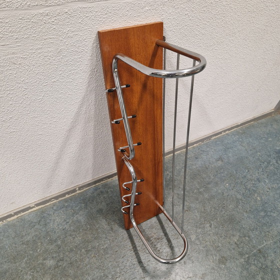 Image 1 of Teak coat rack 1960s vintage wall coat rack chrome coat rack