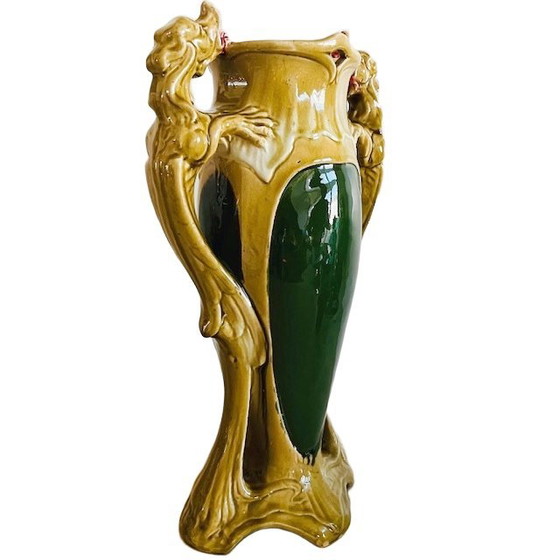 Image 1 of Antique XL Art Nouveau Barbotine vase green ceramic Majolica 1900's