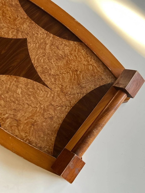 Vintage houten marqueterie dienblad - Art Deco, Tafelaccessoires, Bruin (foto 12 van 12)