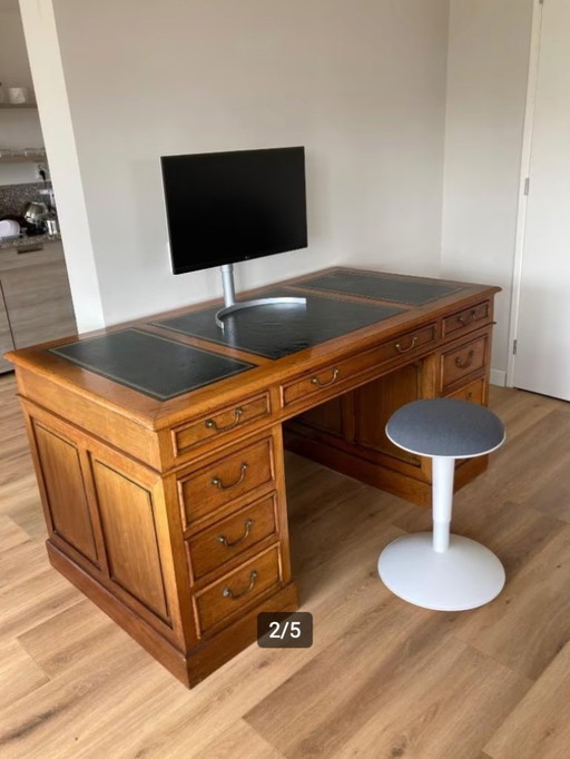 Klassieke Engelse Schrijftafel, Bureau, Partnerdesk, met Lederen Inleg