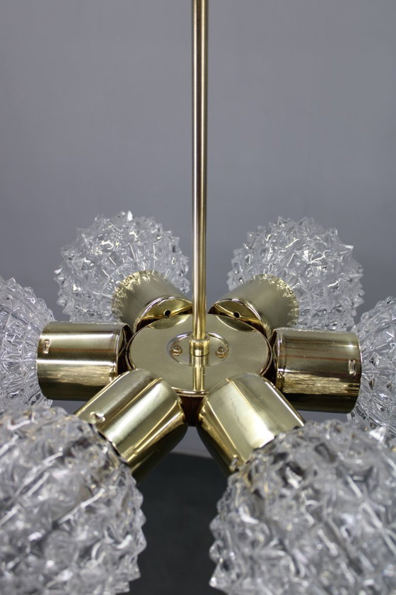Image 1 of Mid Century Sputnik Brass Glass Chandelier, 1970s Czechoslovakia
