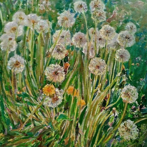 Origineel olieverfschilderij Zomerweide Bloemen Gras Natuur Paardenbloemen