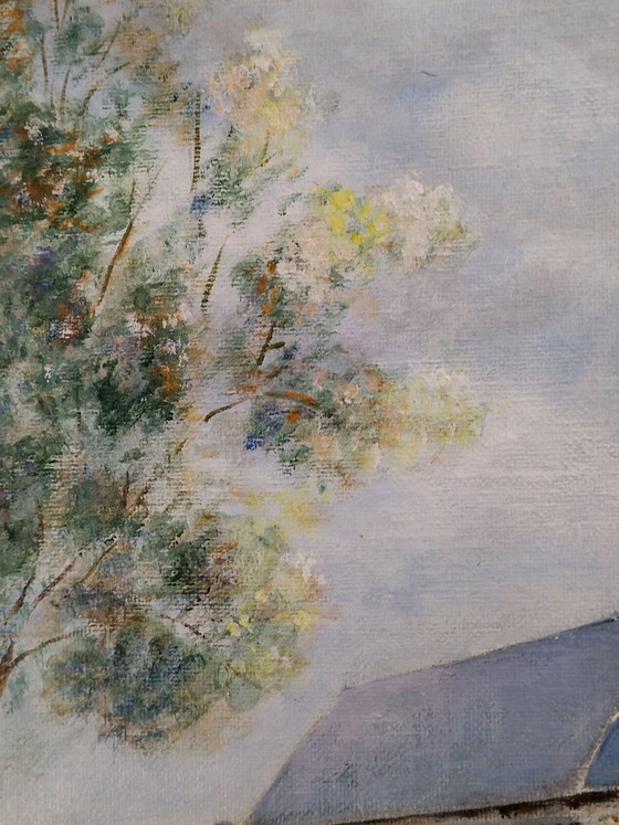 Painting Church Rural Landscape - L. Laffut (Belgian Art), Wood, Canvas, Blue (photo 6 of 11)