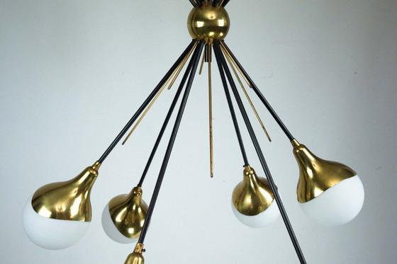 Image 1 of Mid-Century Italian 6-Arm Stilnovo Brass and opaline Glass Chandelier, 1950s