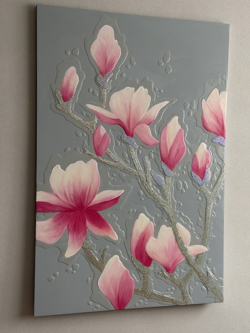 3D Pink Magnolia Wall Art – Textured Floral Design with Crystals