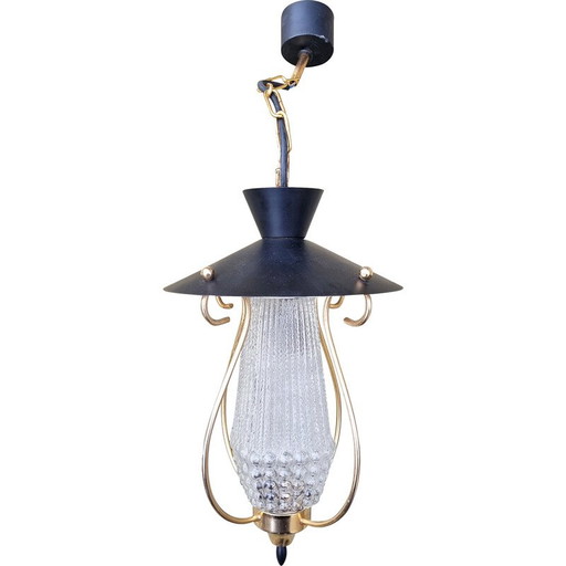 Vintage hanglamp van dik glas en messing, 1950