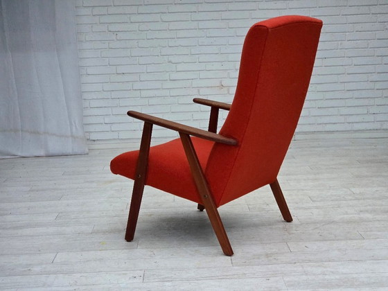 Image 1 of Anni '70, poltrona danese con schienale alto, mobili in lana arancione, legno di teak, legno di quercia.