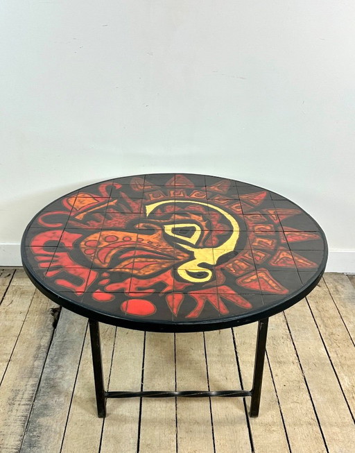 Table basse ronde vintage en céramique graphique rouge et jaune 1960'S