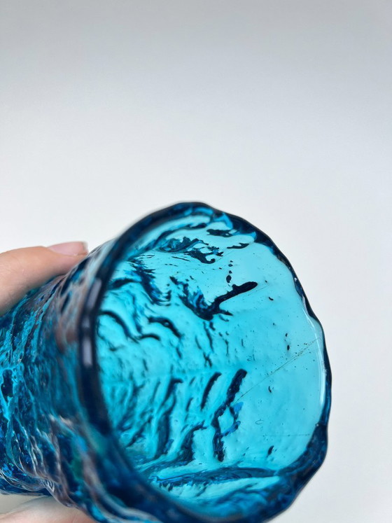 Image 1 of Vintage textured frosted glass vase, mid-century modern look, bark glass, Ingrid Whitefriars Bark turquoise blue