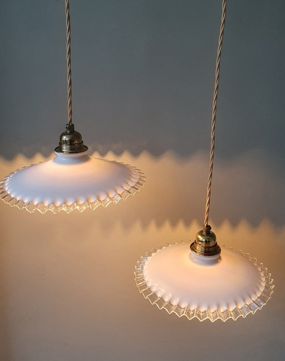 Set Vintage Pendant lamps Opaline glass - Transparent Decorative Edge – Metal (photo 17 of 24)